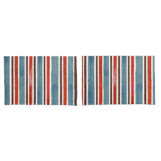 Rustieke Waterverf Stripes - Rood, Blauw en Bruin Kussensloop (Voorkant-Set)