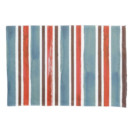Rustieke Waterverf Stripes - Rood, Blauw en Bruin Kussensloop (Voorkant-Links)