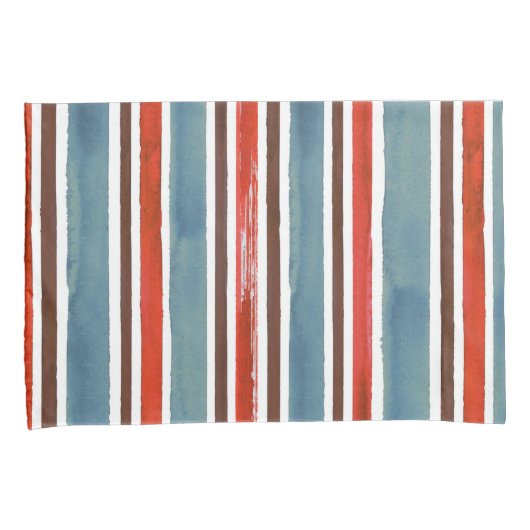 Rustieke Waterverf Stripes - Rood, Blauw en Bruin Kussensloop (Voorkant-Rechts)