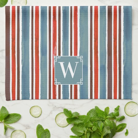 Rustieke Waterverf Stripes - Rood, Blauw en Bruin Theedoek (Gevouwen)