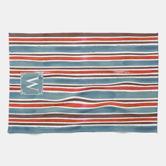 Rustieke Waterverf Stripes - Rood, Blauw en Bruin Theedoek (Horizontaal)