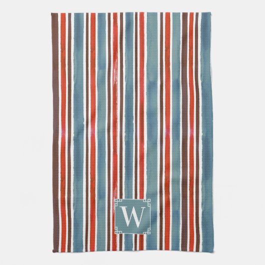 Rustieke Waterverf Stripes - Rood, Blauw en Bruin Theedoek (Verticaal)