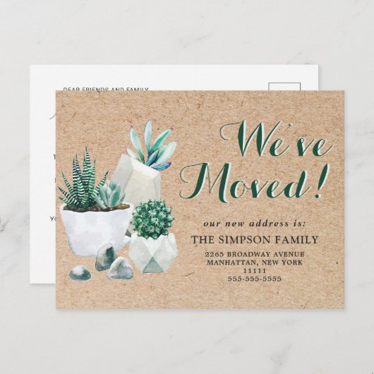 Rustieke Waterverf Succulent Bewegende Aankondigin Briefkaart (Voorkant / Achterkant)