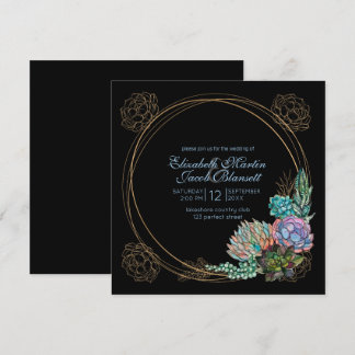 Rustieke Waterverf Succulent, blauw & zwart Bruilo Kaart