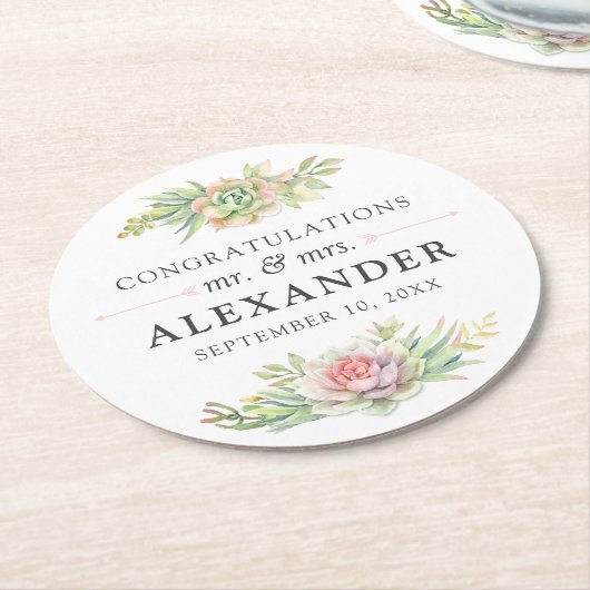 Rustieke Waterverf Succulent Desert Cactus Bruilof Ronde Kartonnen Onderzetter (Gebogen)