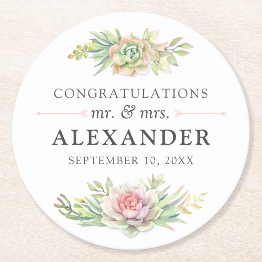 Rustieke Waterverf Succulent Desert Cactus Bruilof Ronde Kartonnen Onderzetter (Voorkant)