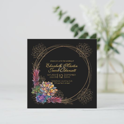 Rustieke Waterverf Succulent, zwart Bruiloft Kaart (Staand voorkant)