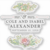 Rustieke Waterverf Succulente Namen & Trouwdatum Sticker (Voorkant)