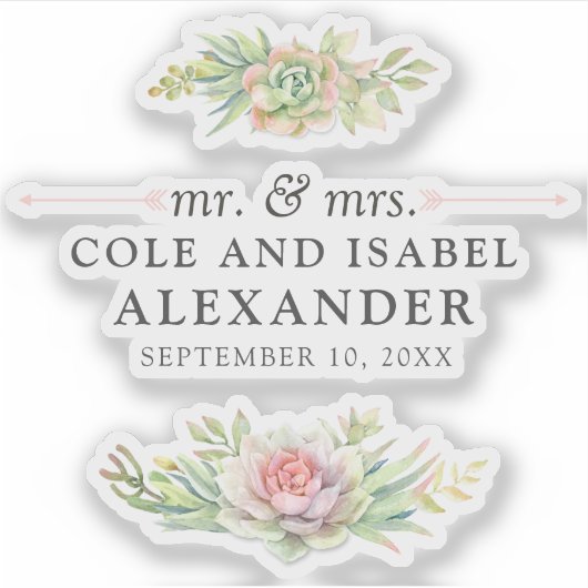 Rustieke Waterverf Succulente Namen & Trouwdatum Sticker (Voorkant)
