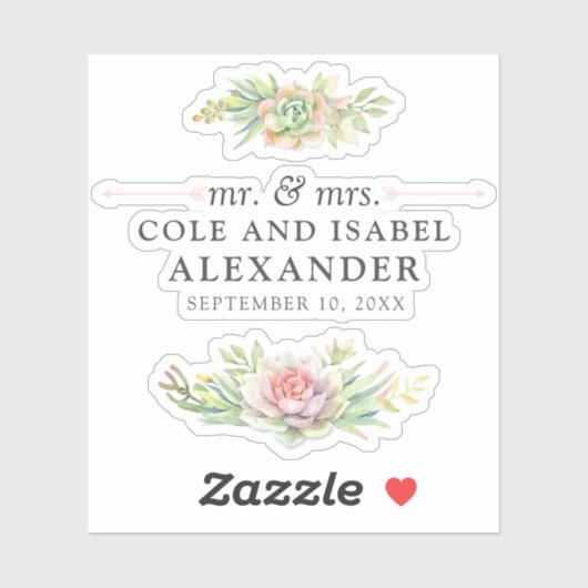 Rustieke Waterverf Succulente Namen & Trouwdatum Sticker (Vel)