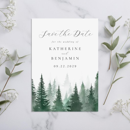 Rustieke Waterverf Trees Forest Wedding Save The Date