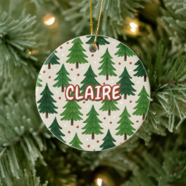 Rustieke Waterverf Vakantie Rood Groene Pinetrees Keramisch Ornament