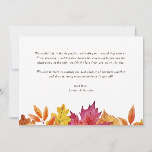 Rustieke Waterverf Vallende bladeren herfst bruilo Bedankkaart (Achterkant)