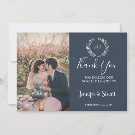 Rustieke waterverf verlaat monogram foto bruiloft bedankkaart (Voorkant)