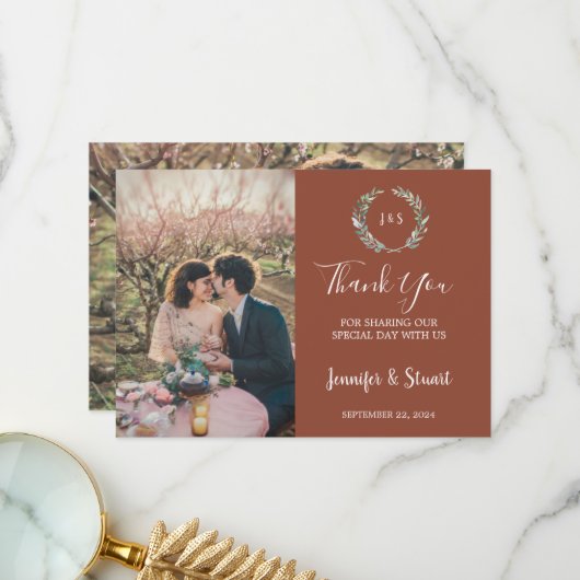 Rustieke waterverf verlaat monogram foto bruiloft bedankkaart (Voorkant / Achterkant in situ)