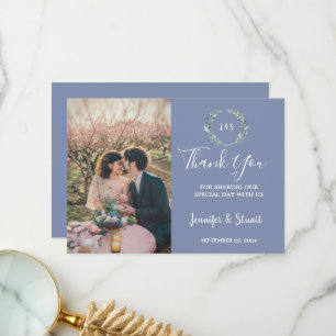 Rustieke waterverf verlaat monogram foto bruiloft bedankkaart