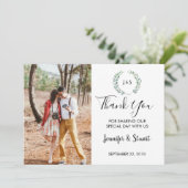 Rustieke waterverf verlaat monogram foto bruiloft bedankkaart (Staand voorkant)