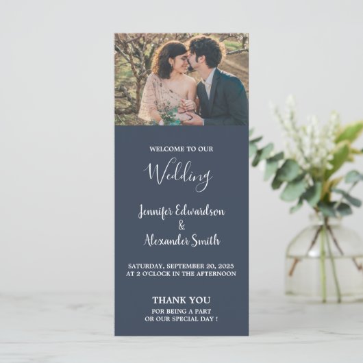 Rustieke waterverf verlaat navy blauw foto bruilof programmakaart (Staand voorkant)