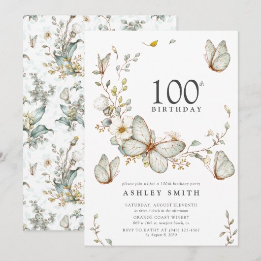 Rustieke Waterverf vlinder 100e verjaardagsfeestje Kaart (Voorkant / Achterkant)
