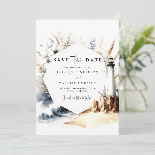 Rustieke Waterverf Waves Vuurtoren bruiloft Save The Date (Staand voorkant)