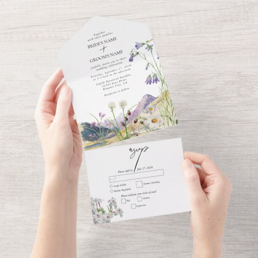 Rustieke Waterverf Wildflower Mountain bruiloft All In One Uitnodiging (Afscheurbaar)