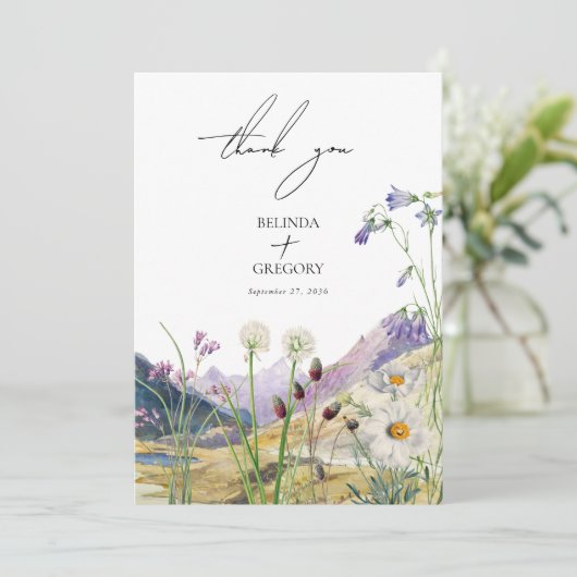 Rustieke Waterverf Wildflower Mountain bruiloft Bedankkaart (Staand voorkant)