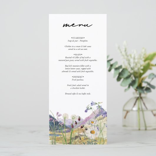 Rustieke Waterverf Wildflower Mountain bruiloft Menu (Staand voorkant)