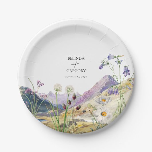 Rustieke Waterverf Wildflower Mountain bruiloft Papieren Bordje (Voorkant)