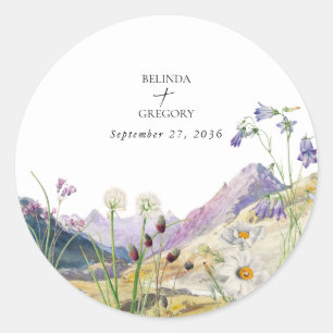 Rustieke Waterverf Wildflower Mountain bruiloft Ronde Sticker