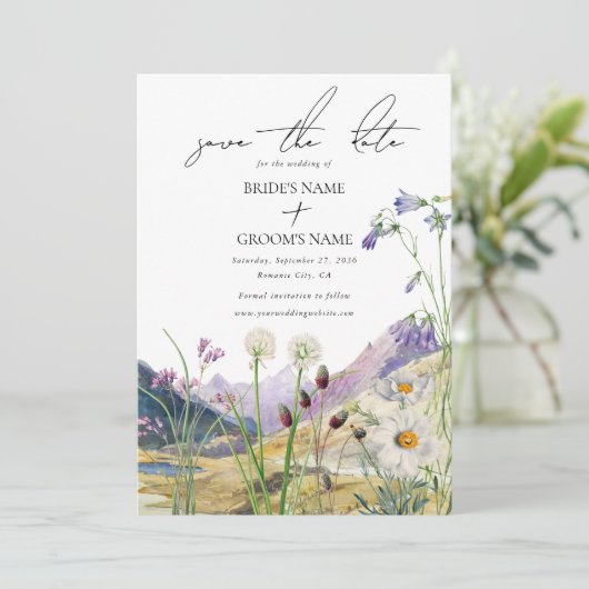 Rustieke Waterverf Wildflower Mountain bruiloft Save The Date (Staand voorkant)