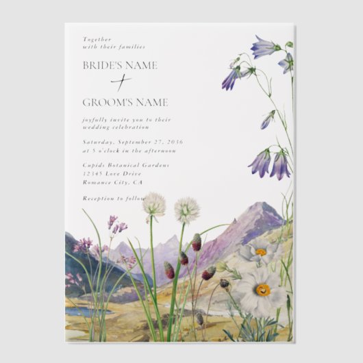 Rustieke Waterverf Wildflower Mountain bruiloft Vellum Uitnodigingen (Voorkant)