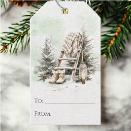 Rustieke Waterverf Winter Scene Kerst Cadeaulabel