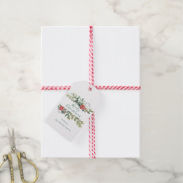 Rustieke Waterverf wintergroen met rode bloemen Cadeaulabel