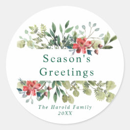 Rustieke Waterverf wintergroen met rode bloemen Ronde Sticker