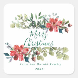 Rustieke Waterverf wintergroen met rode bloemen Vierkante Sticker