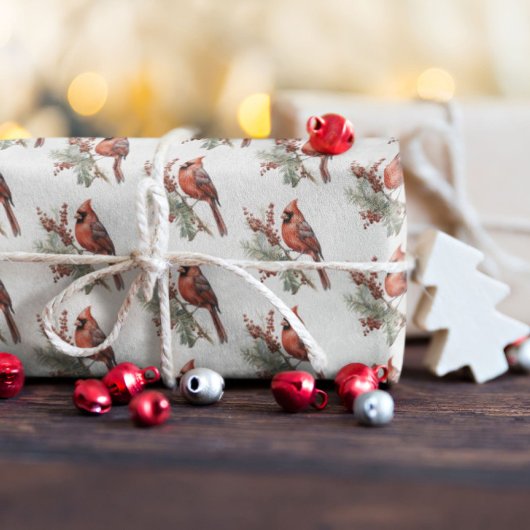 Rustieke Waterverf Winterkardinaal Holly Branch Cadeaupapier