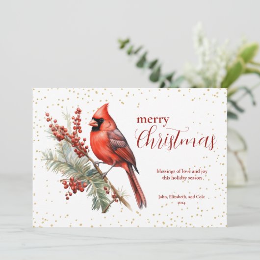 Rustieke Waterverf Winterkardinaal Holly Branch Feestdagenkaart (Staand voorkant)