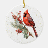 Rustieke Waterverf Winterkardinaal Holly Branch Keramisch Ornament (Voorkant)