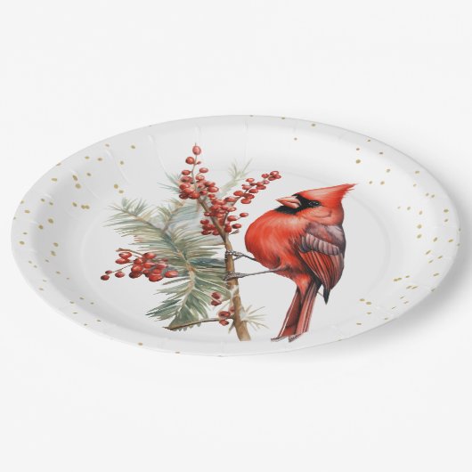 Rustieke Waterverf Winterkardinaal Holly Branch Papieren Bordje (Gekanteld)