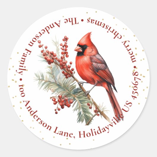 Rustieke Waterverf Winterkardinaal Holly Branch Ronde Sticker (Voorkant)