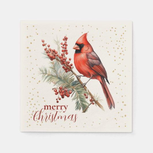 Rustieke Waterverf Winterkardinaal Holly Branch Servet (Voorkant)