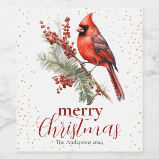 Rustieke Waterverf Winterkardinaal Holly Branch Wijn Etiket (Enkel label)