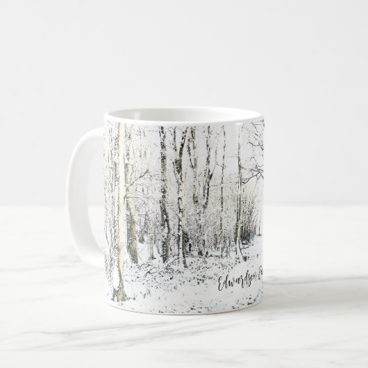 Rustieke waterverf wintersneeuw bos monogrammed koffiemok (Voorkant links)