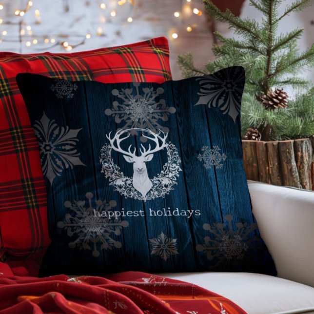 Rustieke Waterverf Witte Rendieren | Blauw Kussen (Blue Rustic Watercolor White Reindeer Throw Pillow)