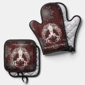 Rustieke Waterverf Witte Rendieren | Red Ovenwant & Pannenlap Set (Voorkant / Achterkant)