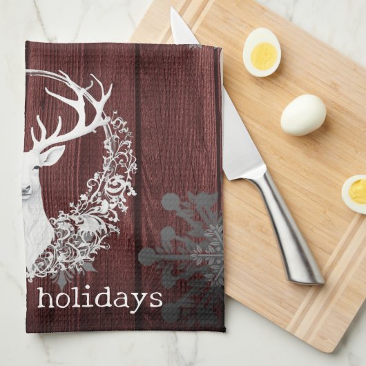 Rustieke Waterverf Witte Rendieren | Red Theedoek (Quarter Fold)