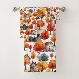 Rustieke Waterverf Woodland Village Pattern Bad Handdoek