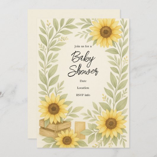 Rustieke Waterverf Zonnebloem Baby shower Uitnodig Kaart (Voorkant / Achterkant)