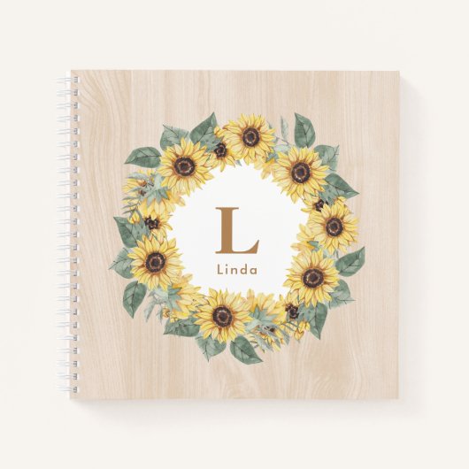 Rustieke Waterverf Zonnebloem Bloemen Hout Monogra Notitieboek (Voorkant)