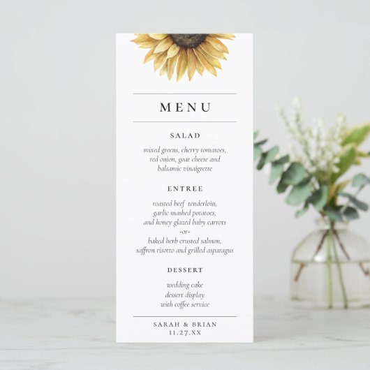 Rustieke Waterverf Zonnebloem Modern Bruiloft Menu (Staand voorkant)